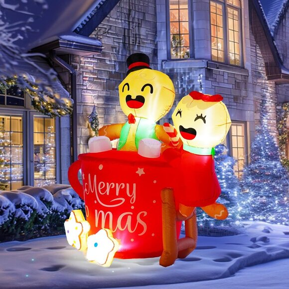⚡6 FT Christmas Inflatables Gingerbread Man in Hot Cocoa Mug Outdoor Decorations - Picture 4 of 7